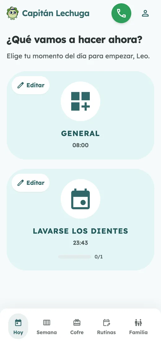 Pantalla de Hoy con las rutinas del día en tarjetas grandes y el botón para llamar al Capitán