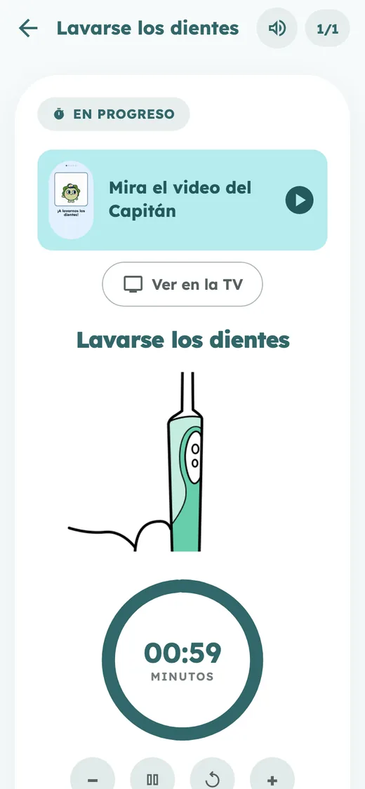Pantalla de un paso: lavarse los dientes, con su dibujo grande, el video del Capitán y un temporizador